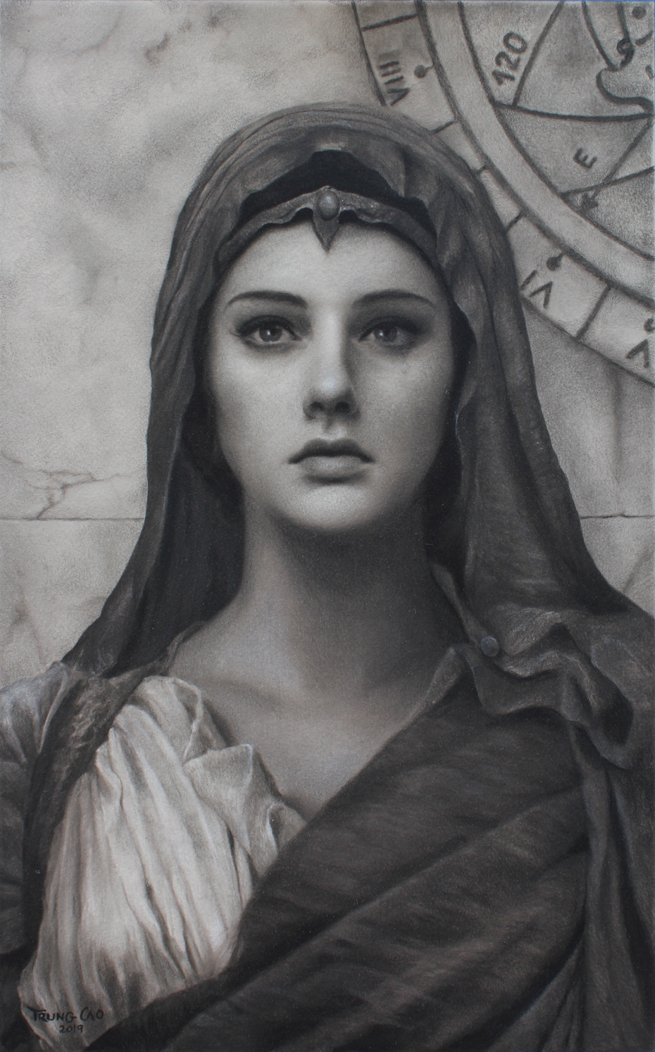 Hypatia, 20 x 13 in, graphite and charcoal.